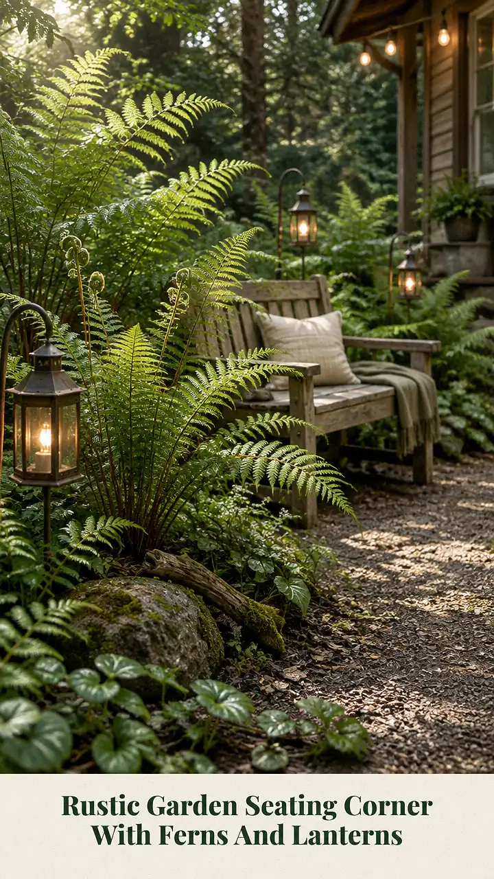 Rustic Garden Seating Corner With Ferns And Lanterns