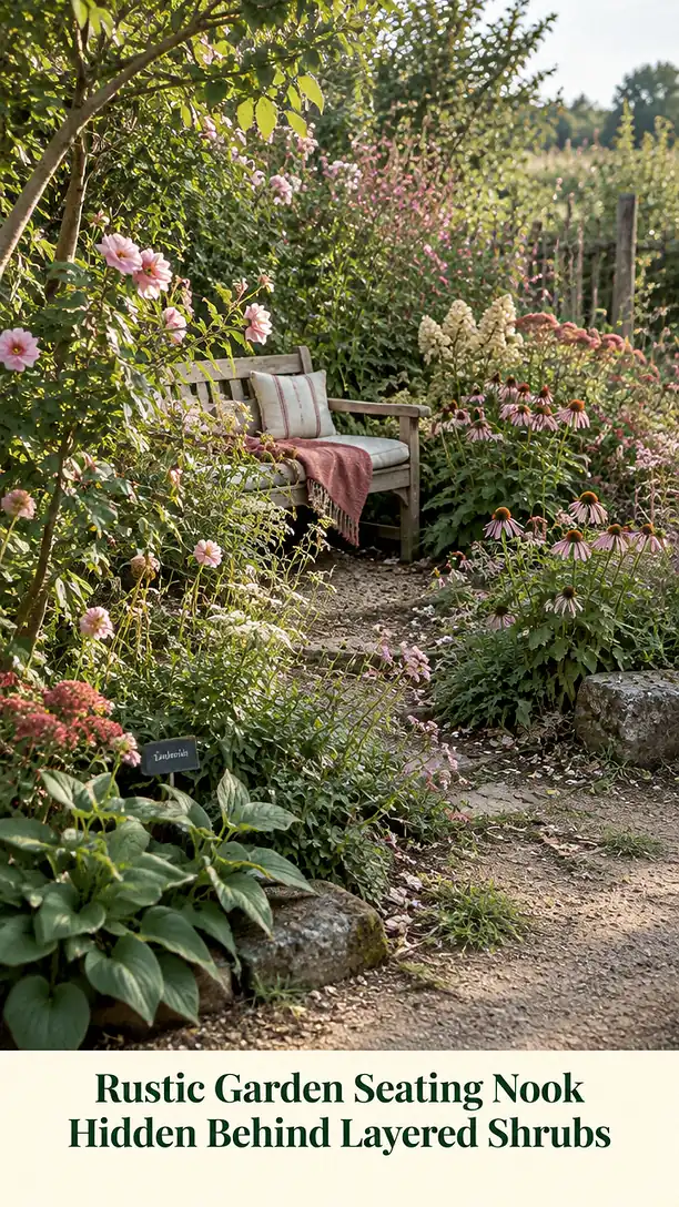 Rustic Garden Seating Nook Hidden Behind Layered Shrubs