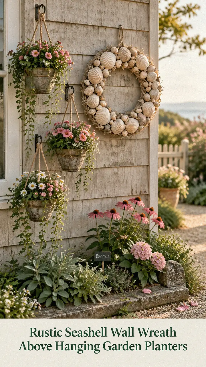 Rustic Seashell Wall Wreath Above Hanging Garden Planters
