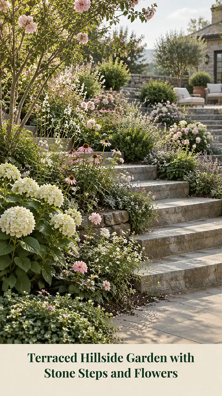 Terraced Hillside Garden with Stone Steps and Flowers