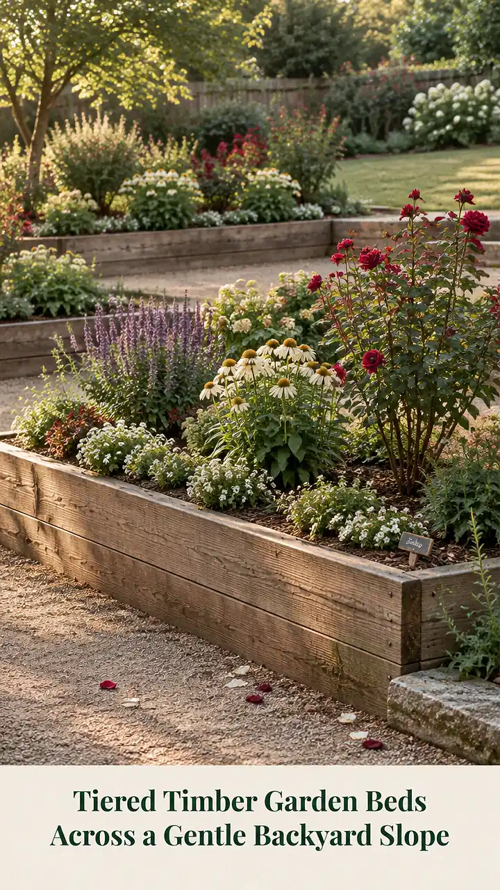 Tiered Timber Garden Beds Across a Gentle Backyard Slope