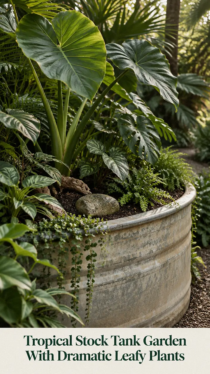 Tropical Stock Tank Garden With Dramatic Leafy Plants