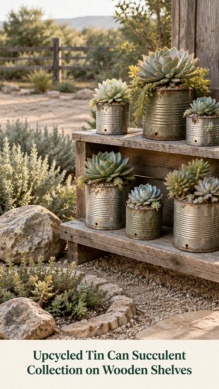 Upcycled Tin Can Succulent Collection on Wooden Shelves