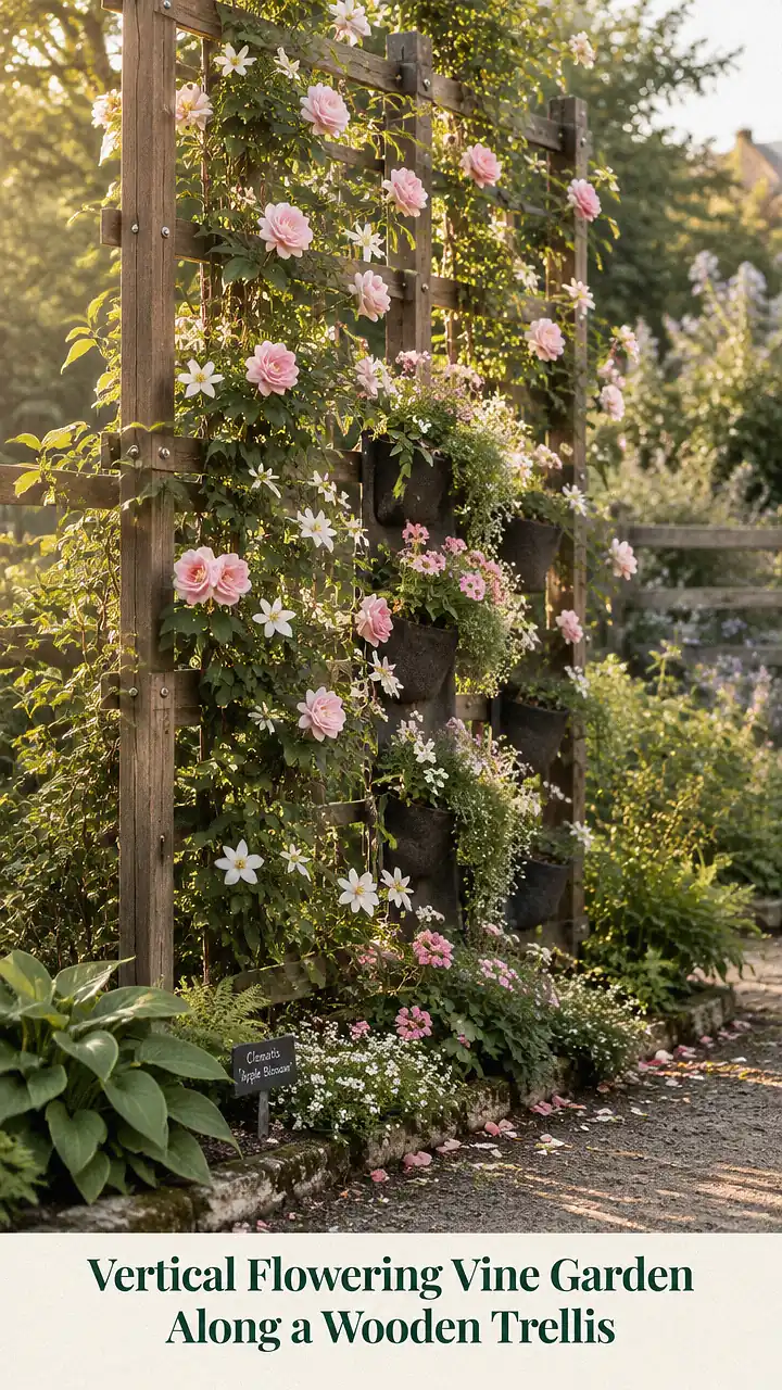 Vertical Flowering Vine Garden Along a Wooden Trellis