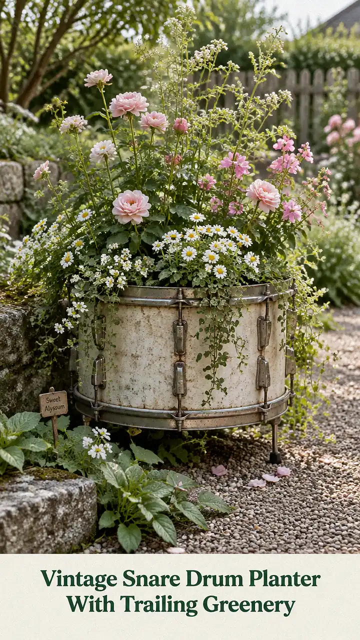Vintage Snare Drum Planter With Trailing Greenery