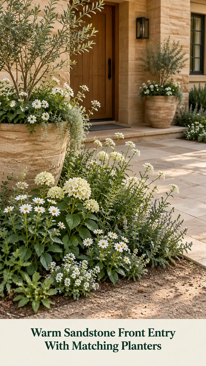 Warm Sandstone Front Entry With Matching Planters