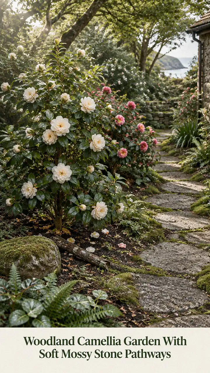 Woodland Camellia Garden With Soft Mossy Stone Pathways