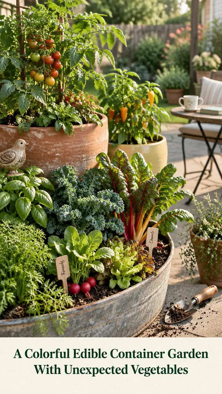 A Colorful Edible Container Garden With Unexpected Vegetables