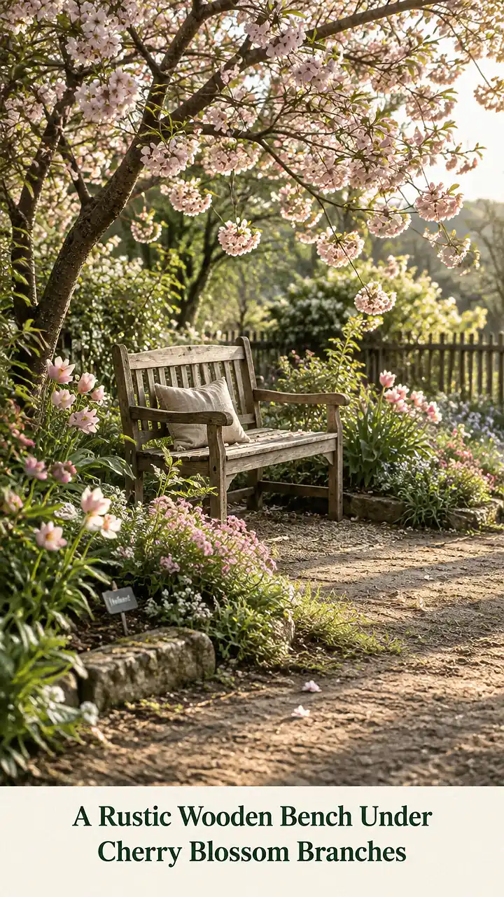 A Rustic Wooden Bench Under Cherry Blossom Branches