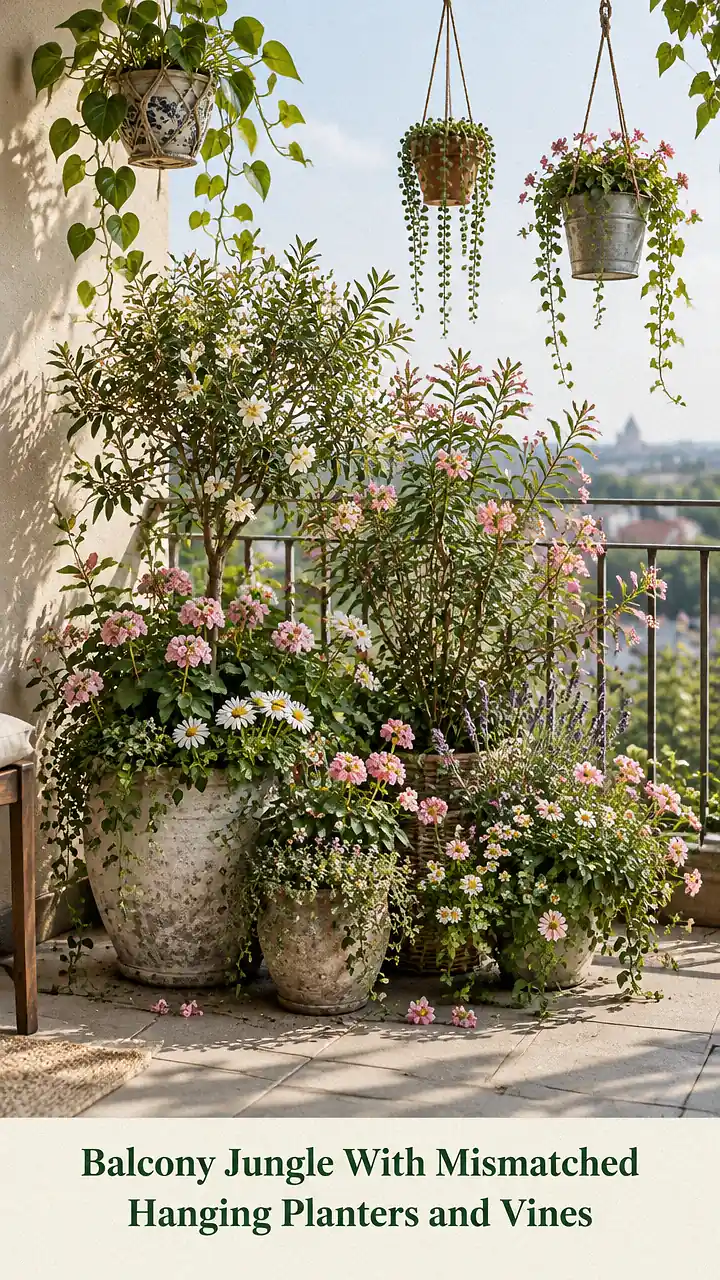 Balcony Jungle With Mismatched Hanging Planters and Vines