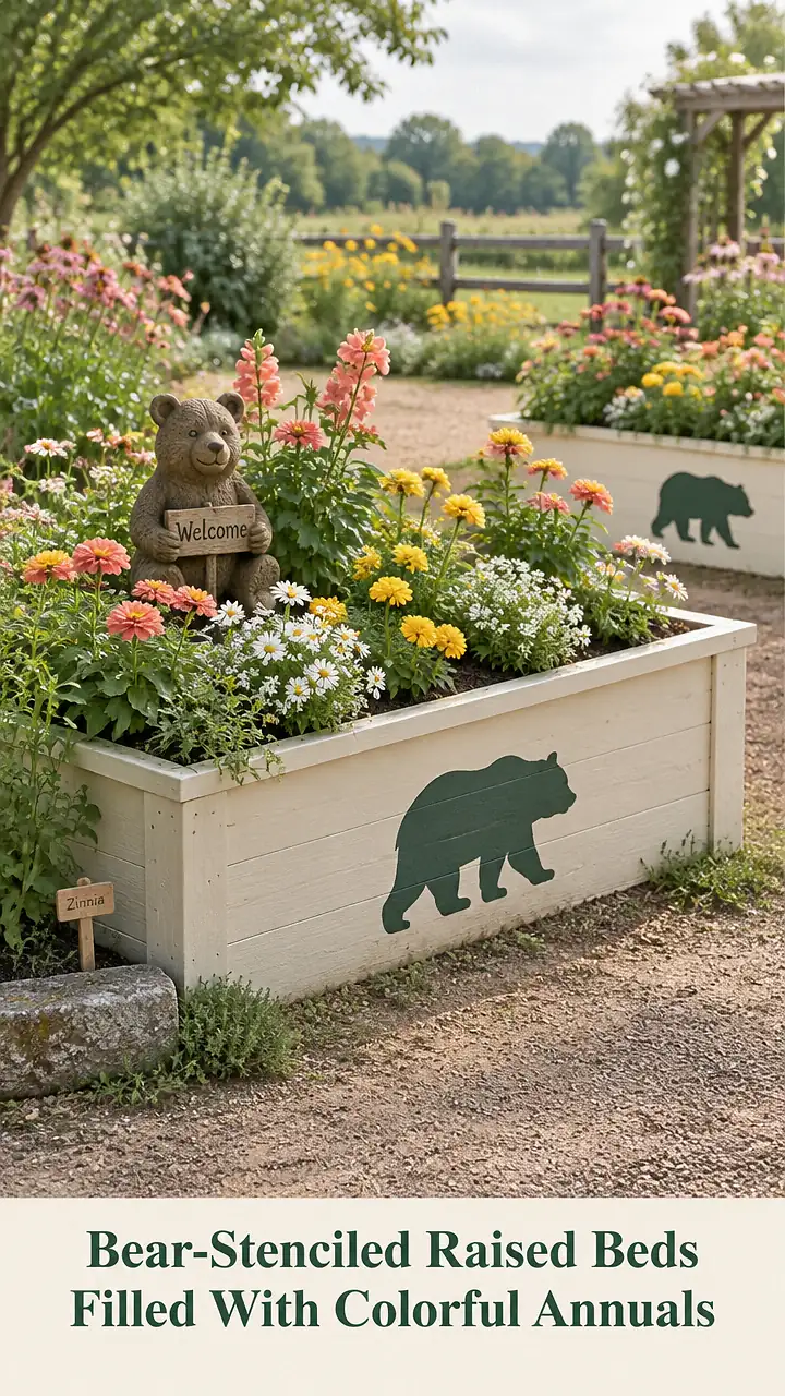 Bear-Stenciled Raised Beds Filled With Colorful Annuals