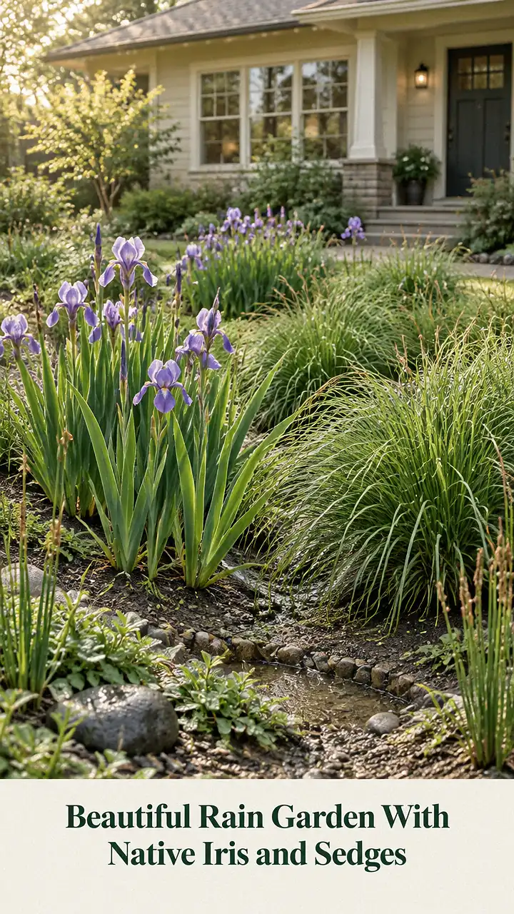 Beautiful Rain Garden With Native Iris and Sedges
