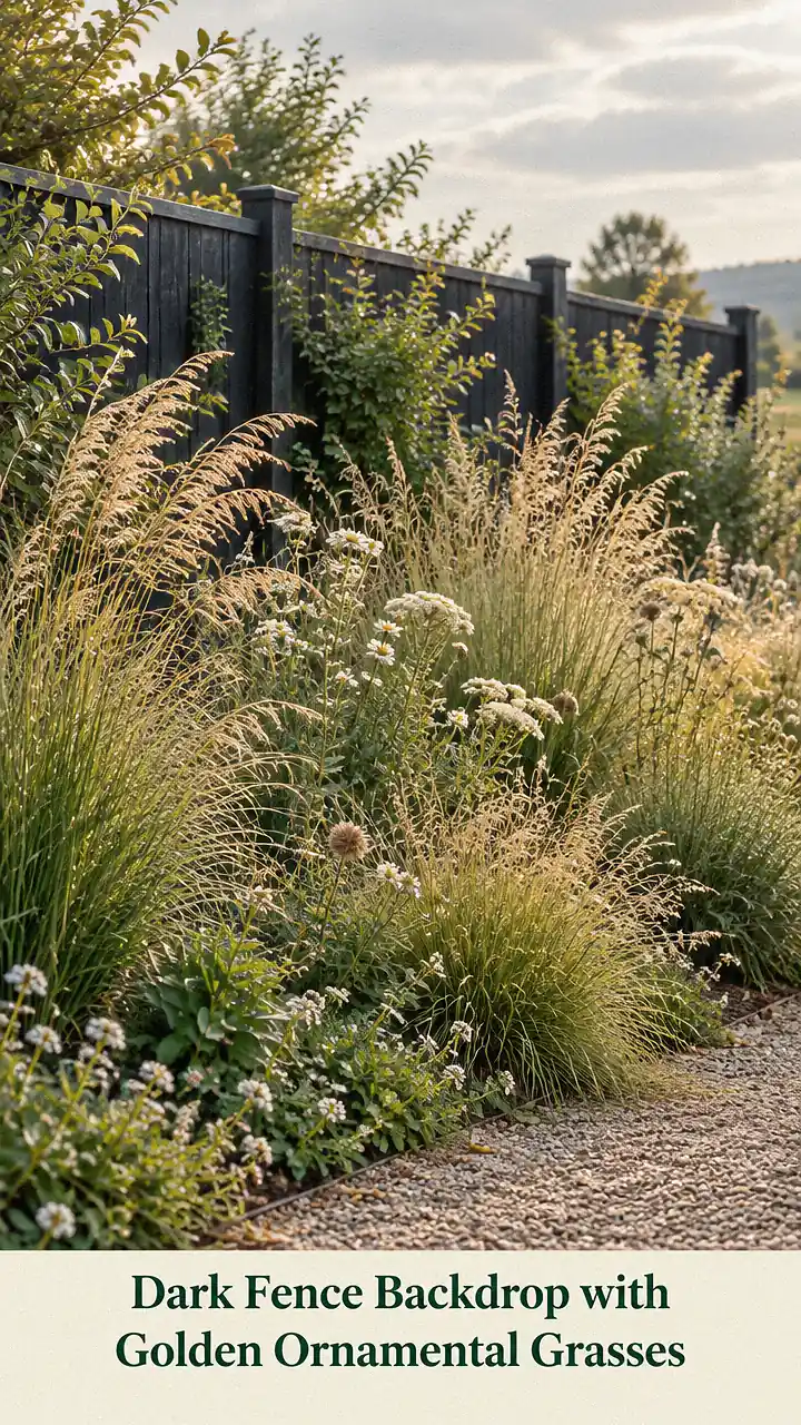 Dark Fence Backdrop with Golden Ornamental Grasses