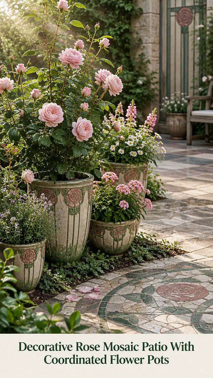 Decorative Rose Mosaic Patio With Coordinated Flower Pots