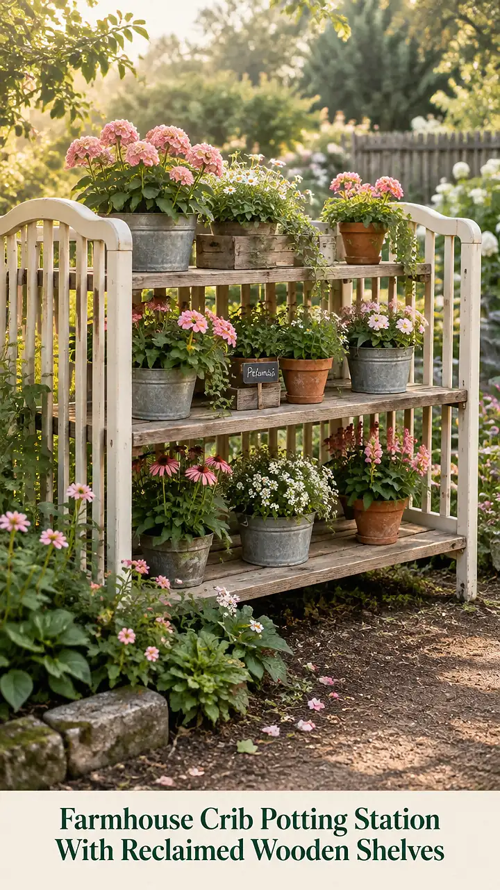 Farmhouse Crib Potting Station With Reclaimed Wooden Shelves
