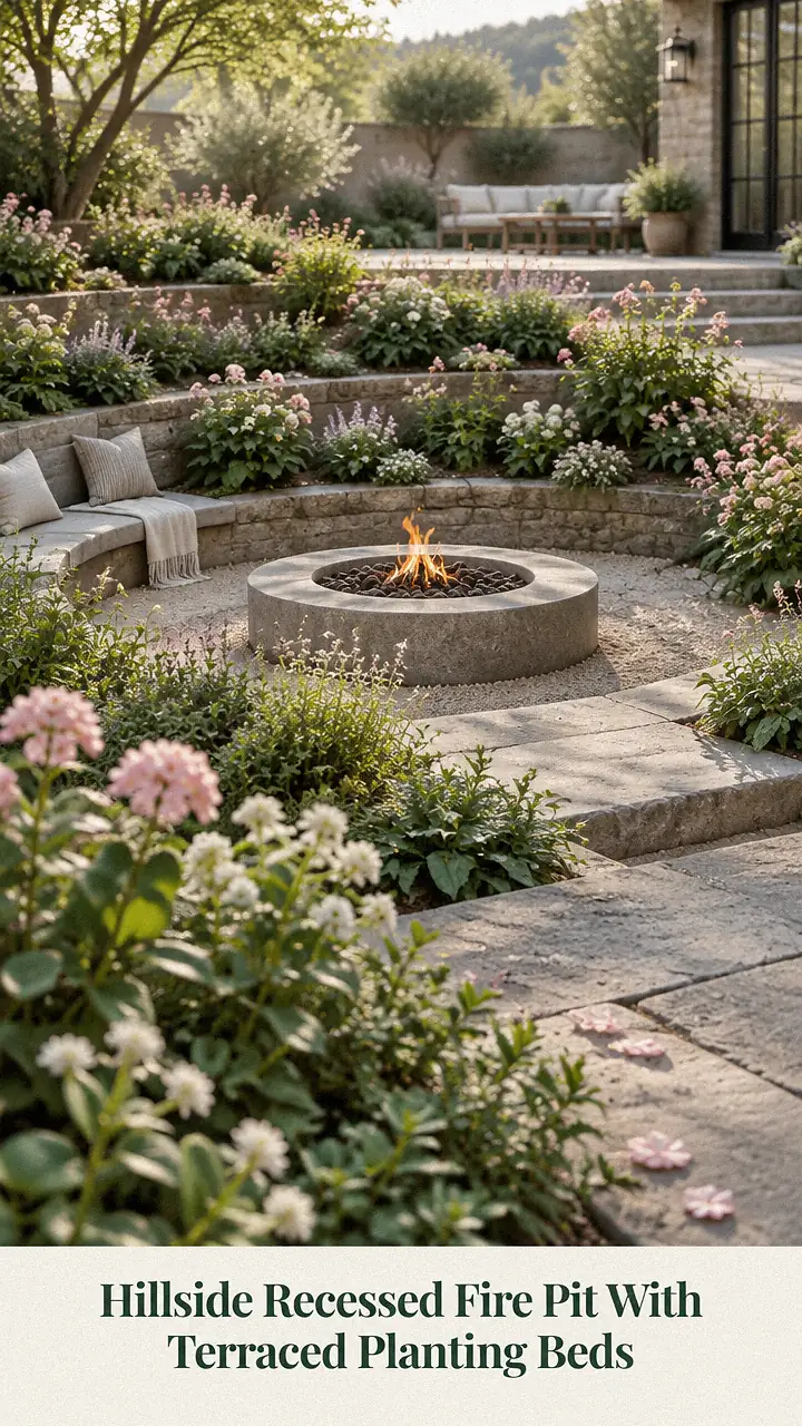 Hillside Recessed Fire Pit With Terraced Planting Beds