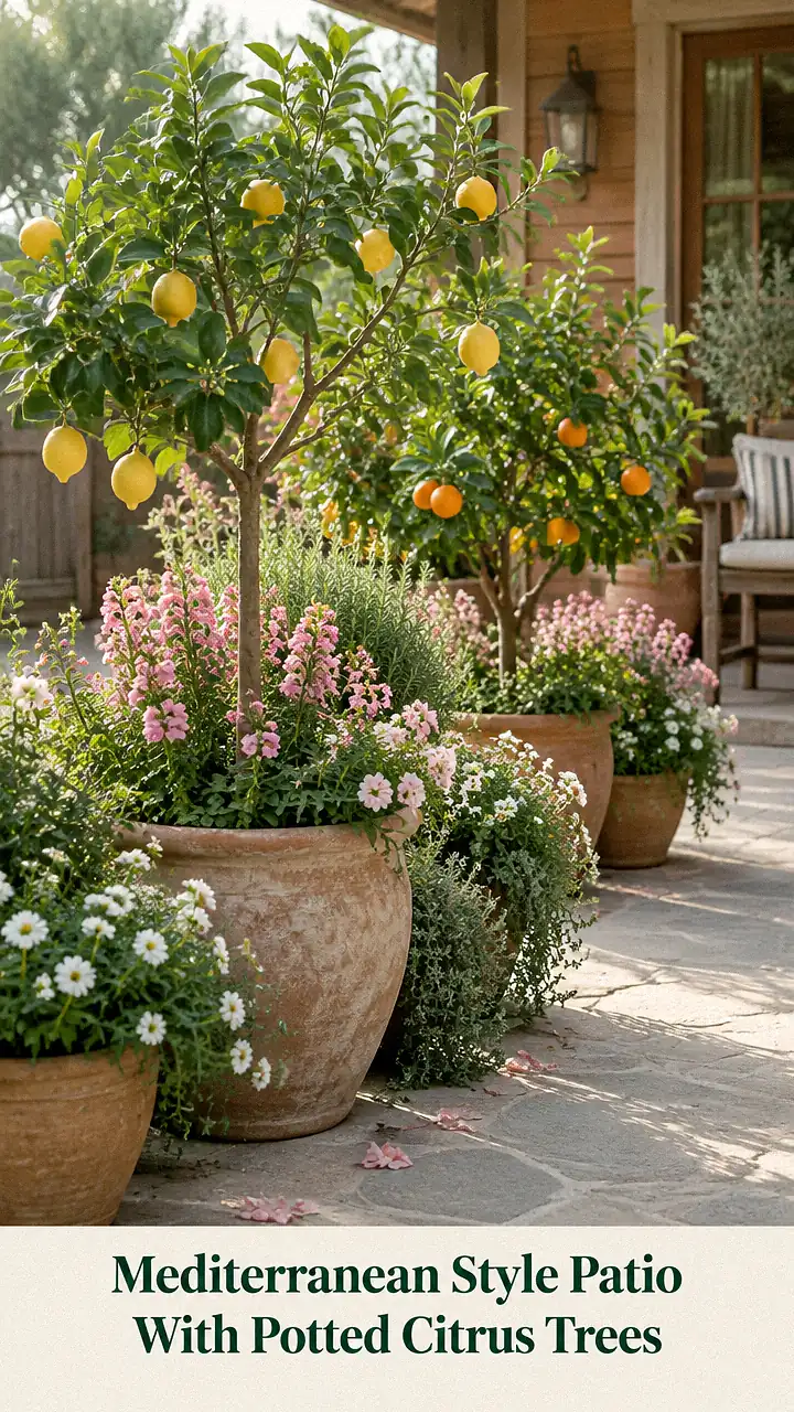 Mediterranean Style Patio With Potted Citrus Trees