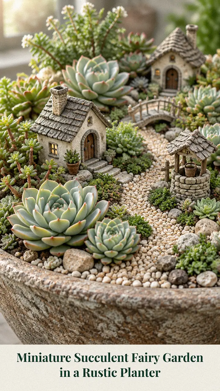 Miniature Succulent Fairy Garden in a Rustic Planter