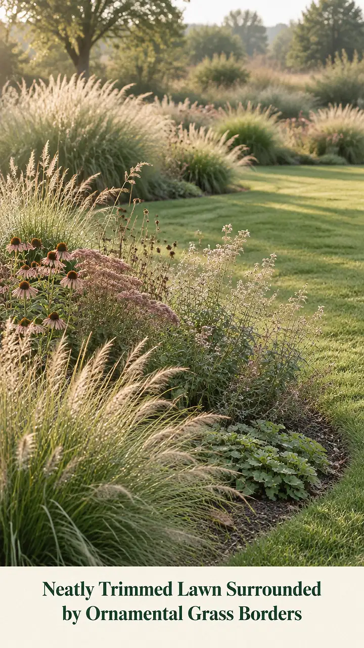 Neatly Trimmed Lawn Surrounded by Ornamental Grass Borders