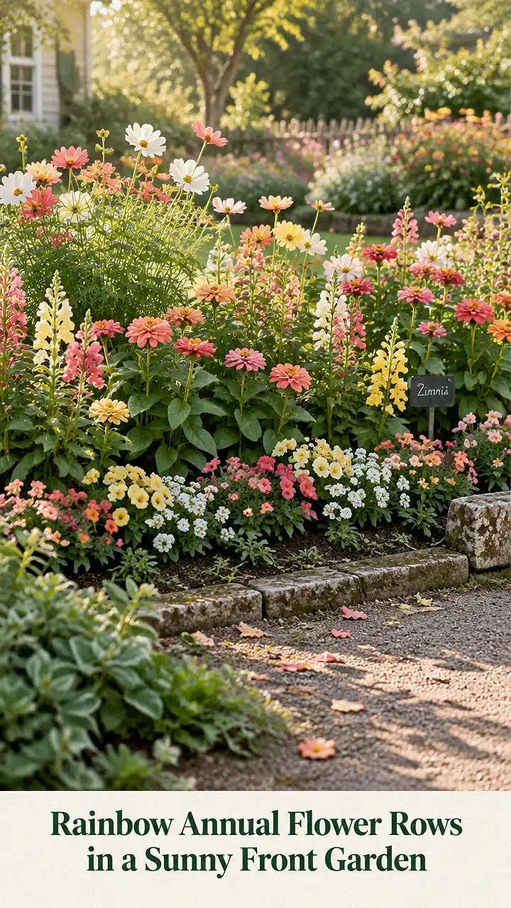 Rainbow Annual Flower Rows in a Sunny Front Garden