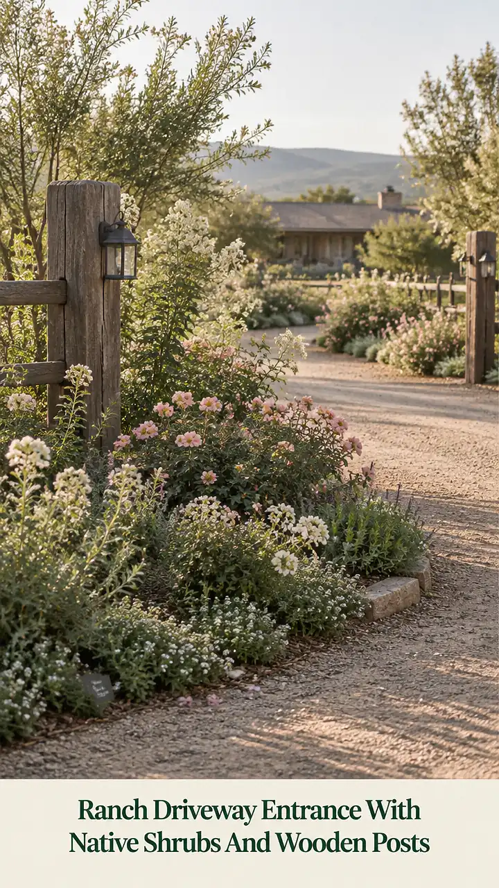 Ranch Driveway Entrance With Native Shrubs And Wooden Posts