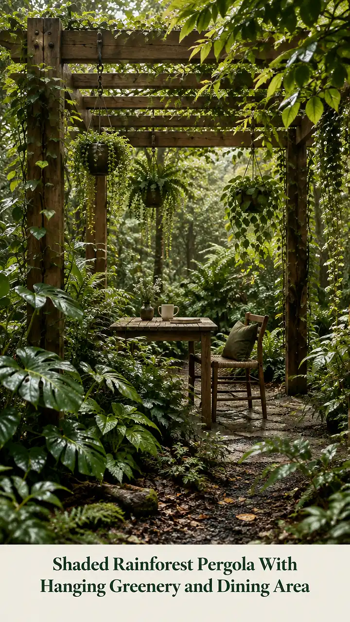 Shaded Rainforest Pergola With Hanging Greenery and Dining Area