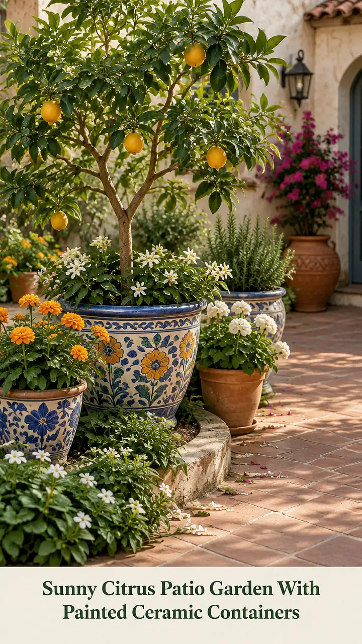 Sunny Citrus Patio Garden With Painted Ceramic Containers