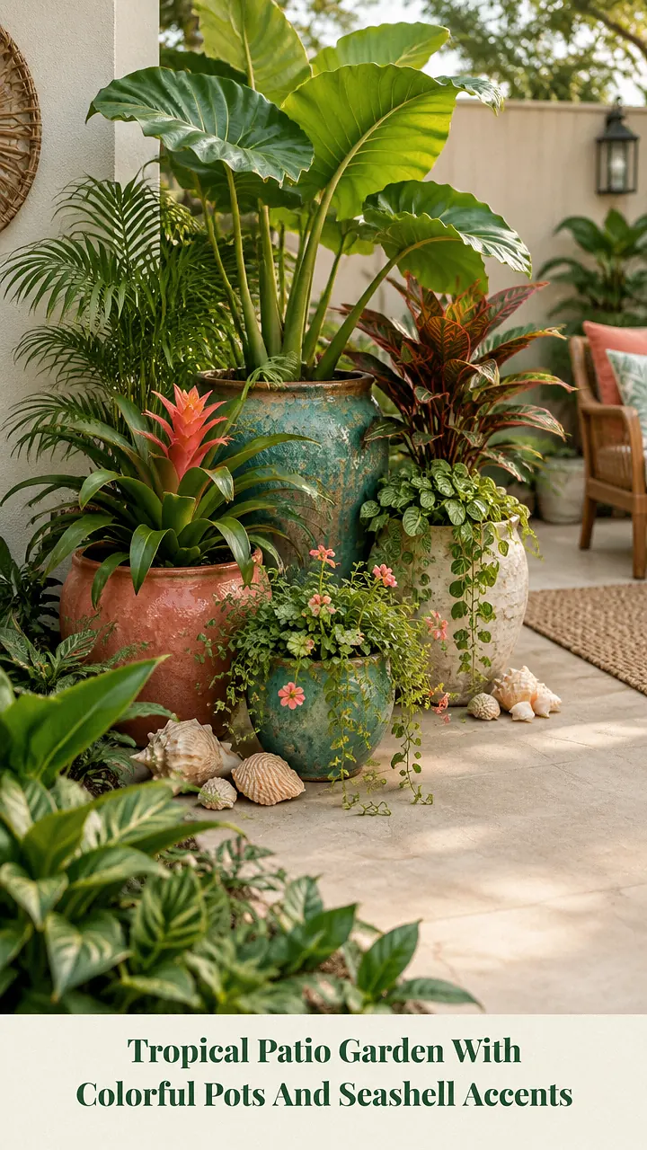 Tropical Patio Garden With Colorful Pots And Seashell Accents