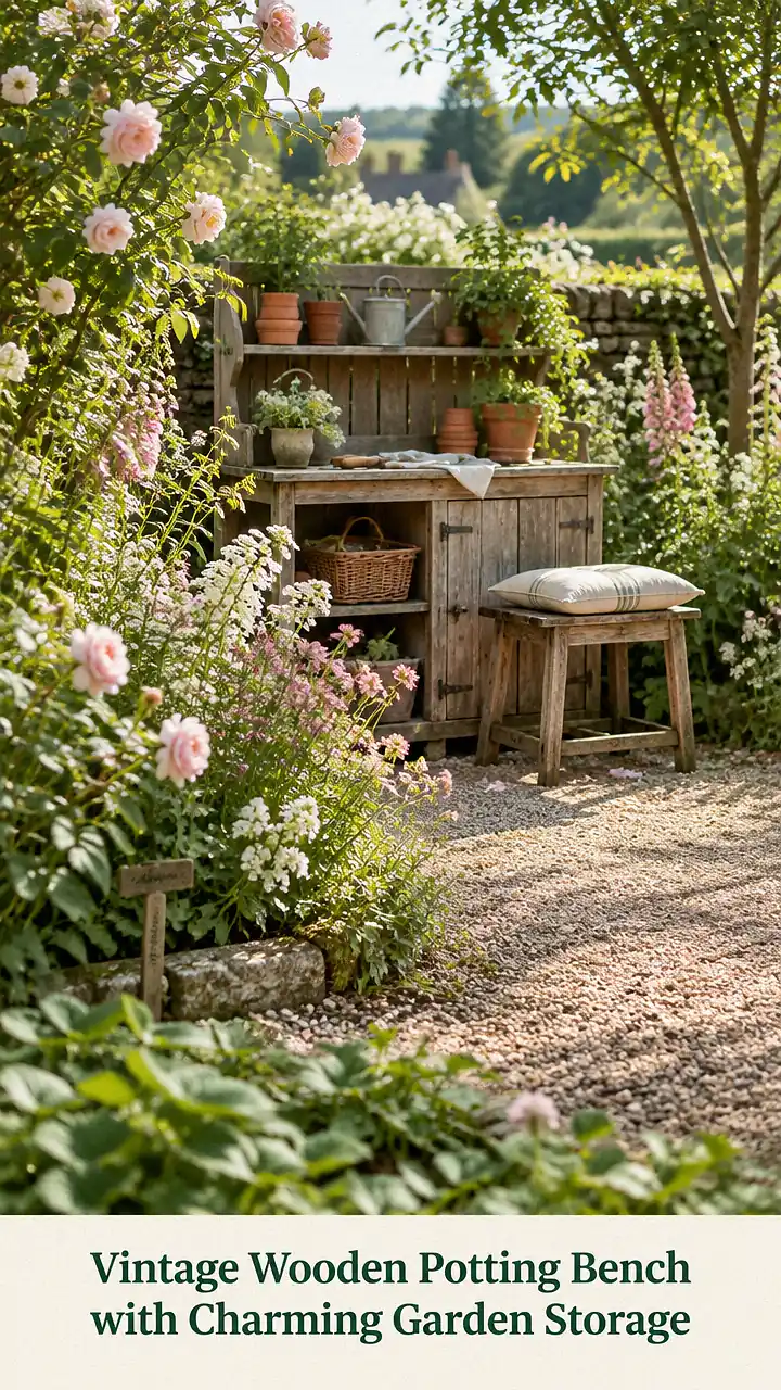 Vintage Wooden Potting Bench with Charming Garden Storage
