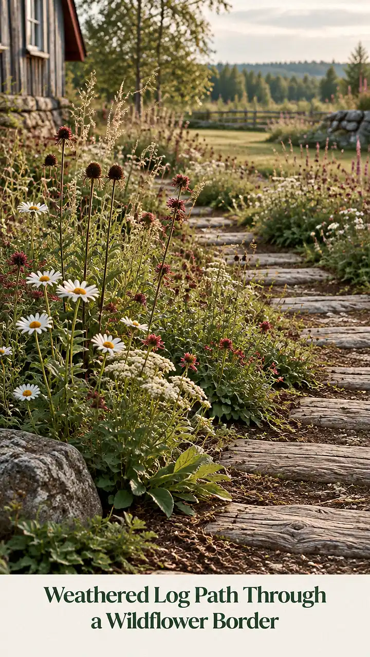 Weathered Log Path Through a Wildflower Border