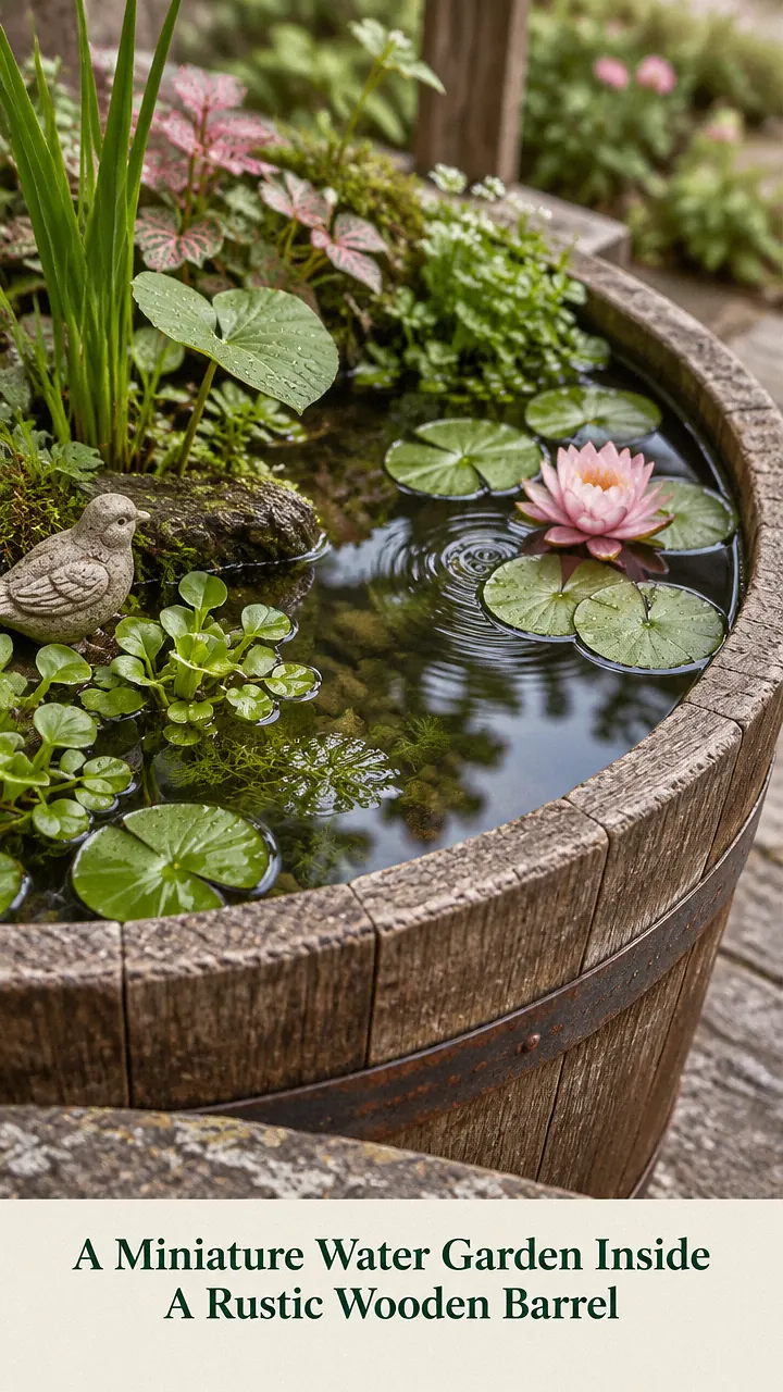 A Miniature Water Garden Inside A Rustic Wooden Barrel
