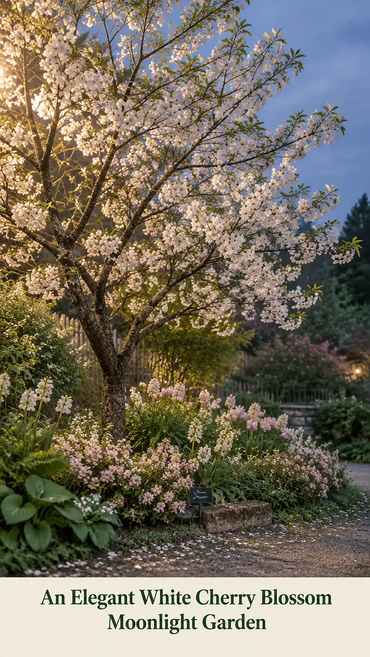 An Elegant White Cherry Blossom Moonlight Garden