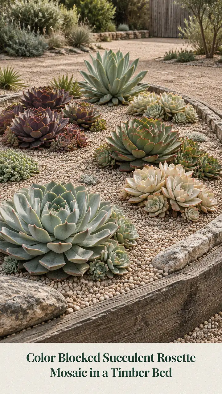 Color Blocked Succulent Rosette Mosaic in a Timber Bed