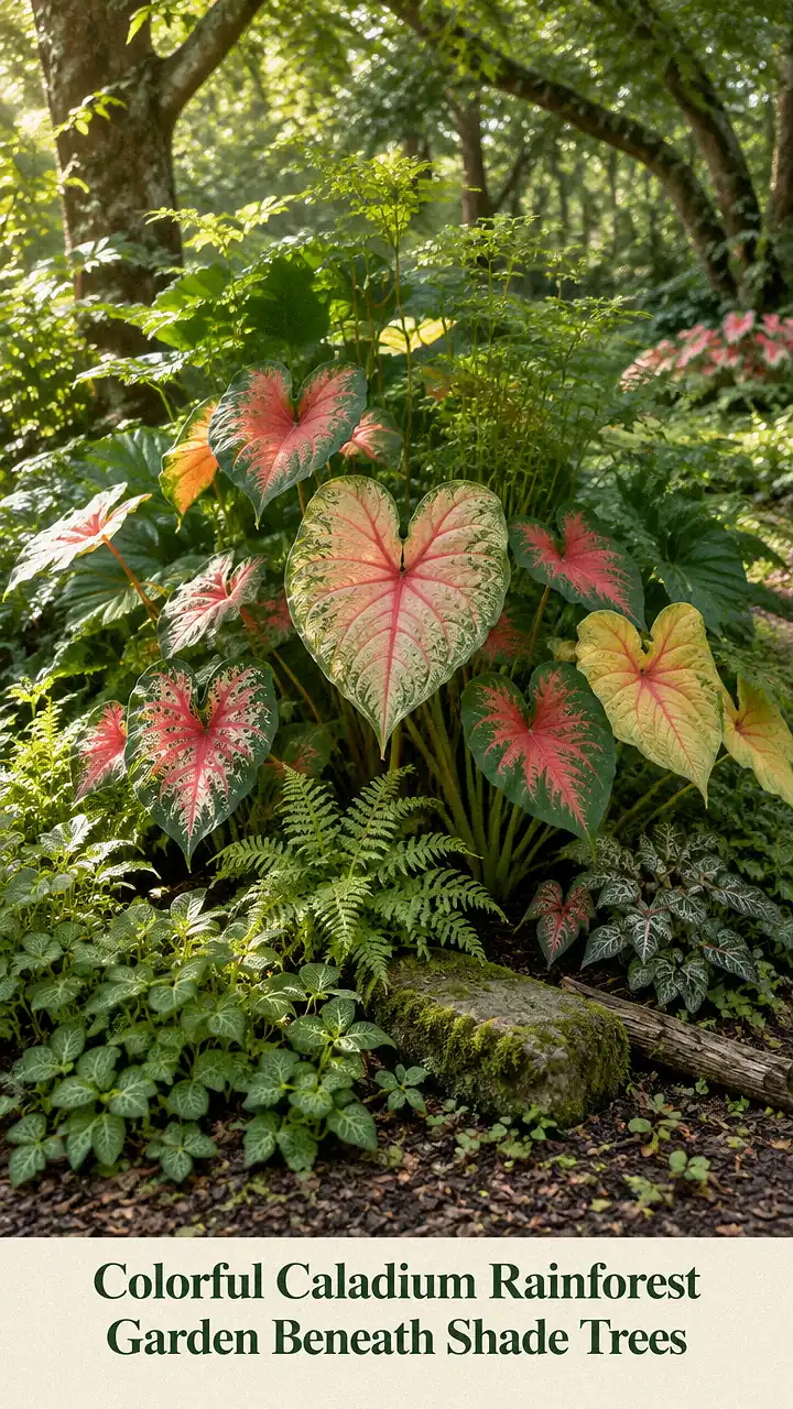 Colorful Caladium Rainforest Garden Beneath Shade Trees