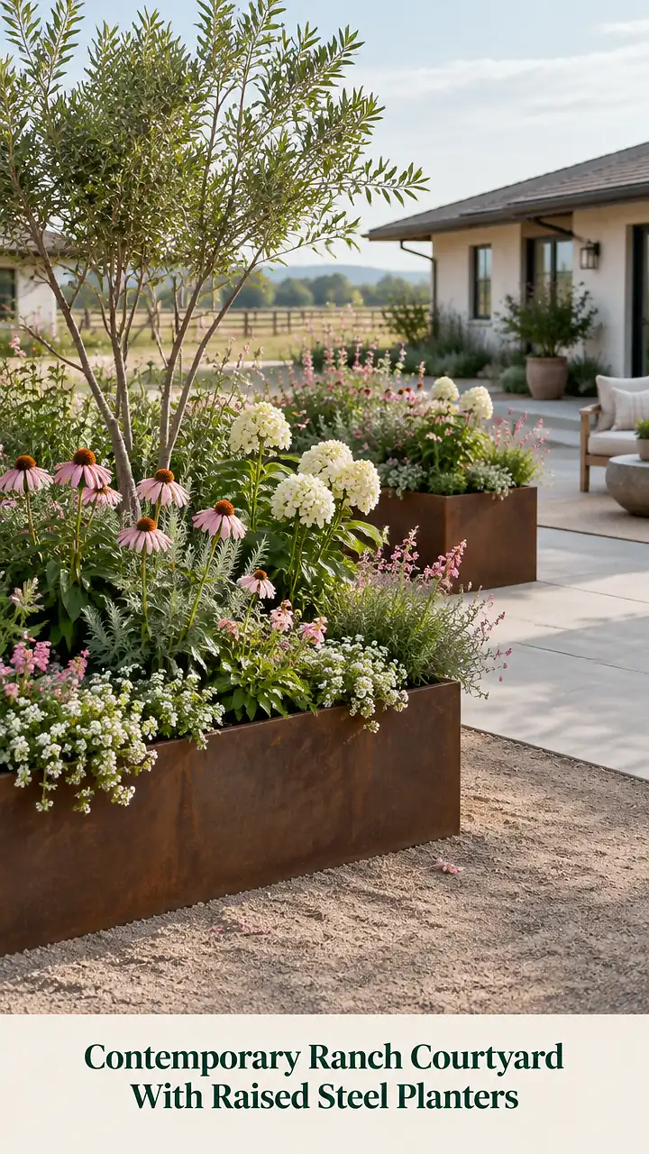 Contemporary Ranch Courtyard With Raised Steel Planters