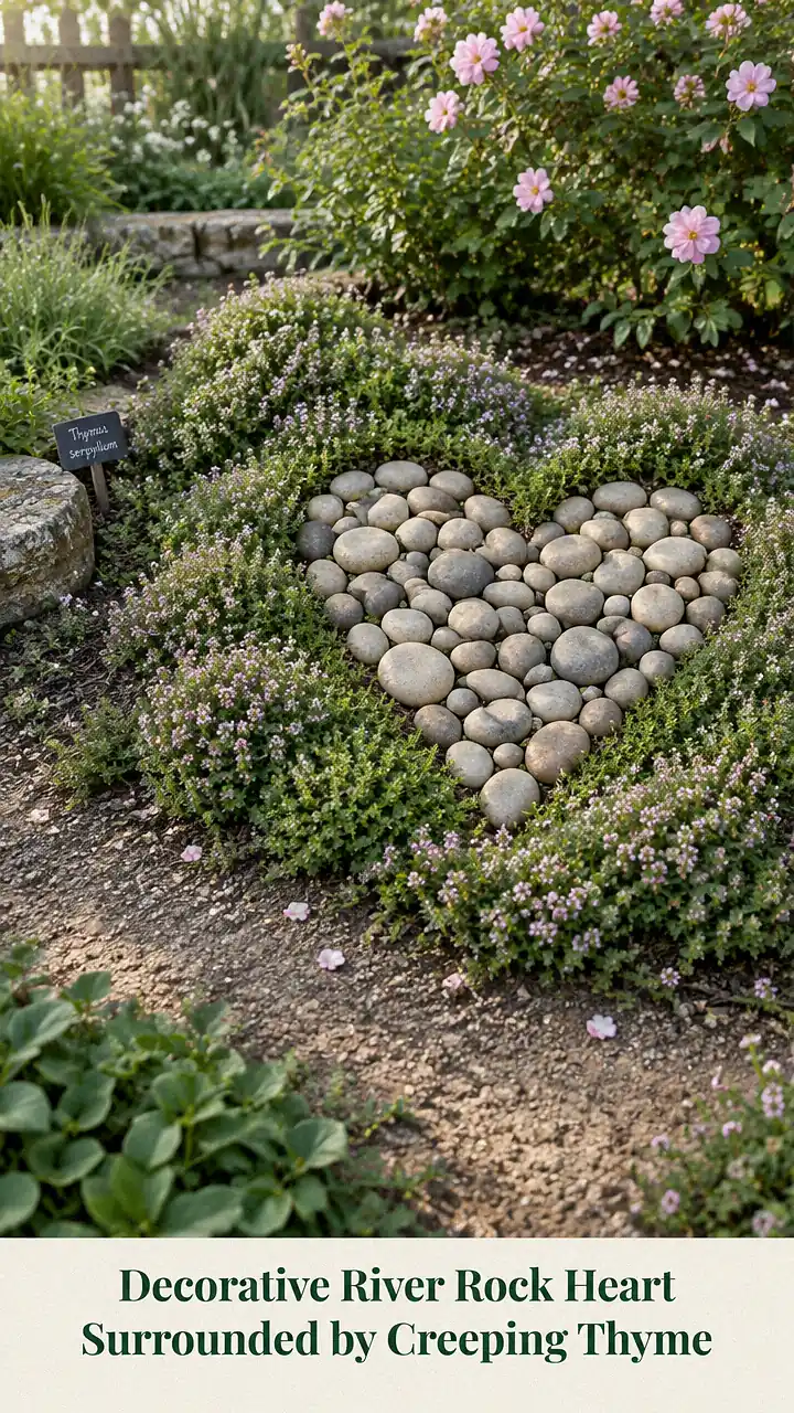 Decorative River Rock Heart Surrounded by Creeping Thyme