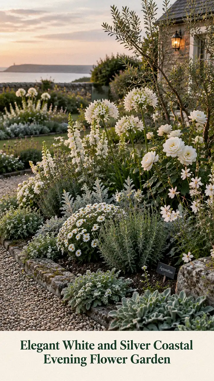 Elegant White and Silver Coastal Evening Flower Garden