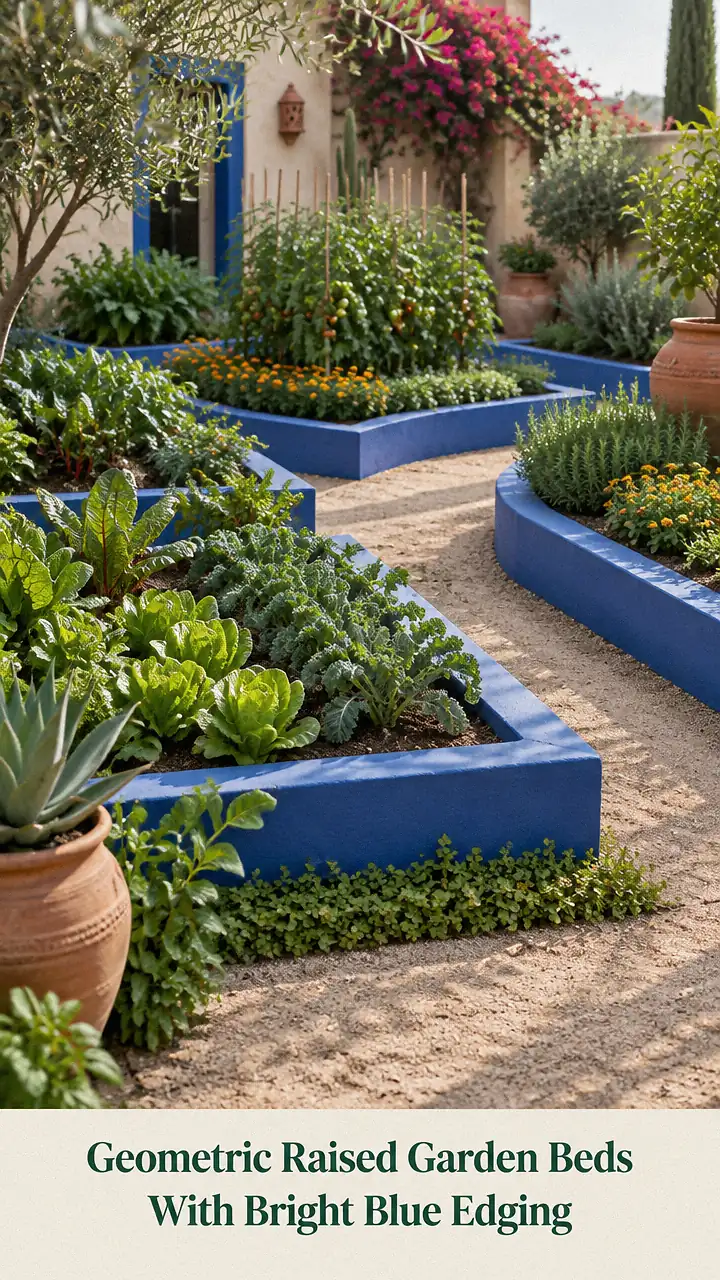 Geometric Raised Garden Beds With Bright Blue Edging