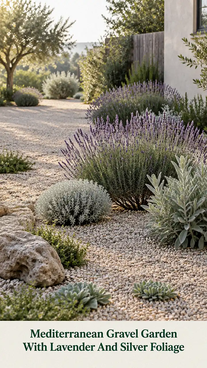 Mediterranean Gravel Garden With Lavender And Silver Foliage