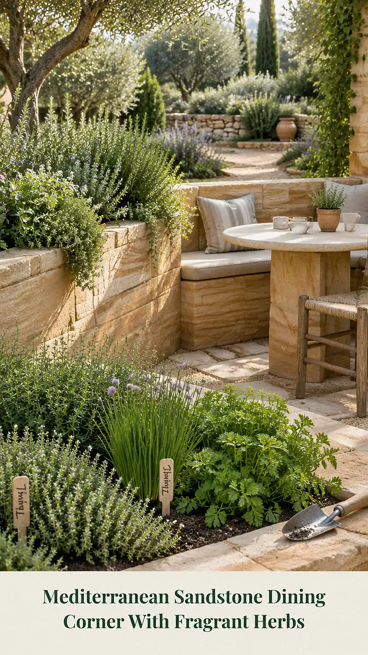 Mediterranean Sandstone Dining Corner With Fragrant Herbs