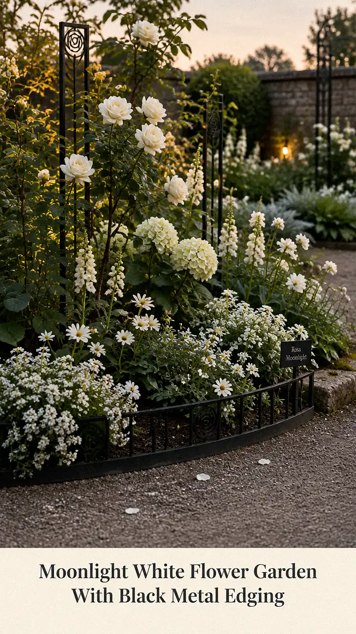 Moonlight White Flower Garden With Black Metal Edging