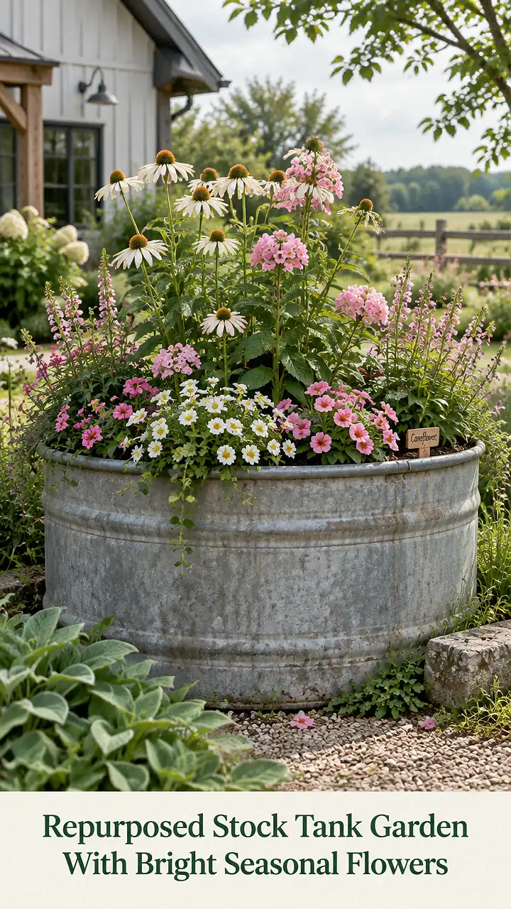 Repurposed Stock Tank Garden With Bright Seasonal Flowers