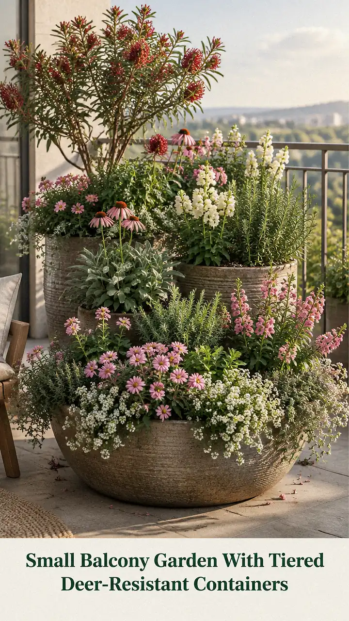 Small Balcony Garden With Tiered Deer-Resistant Containers