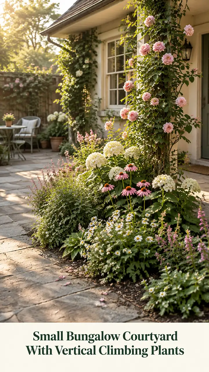 Small Bungalow Courtyard With Vertical Climbing Plants