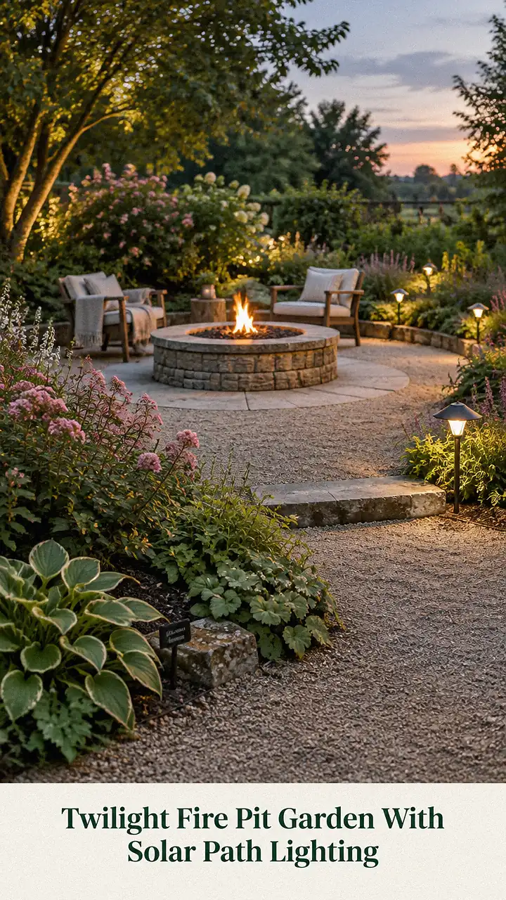 Twilight Fire Pit Garden With Solar Path Lighting