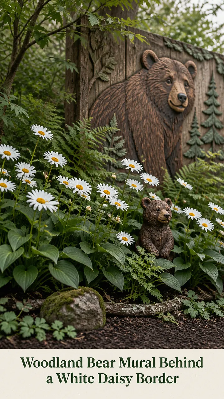Woodland Bear Mural Behind a White Daisy Border