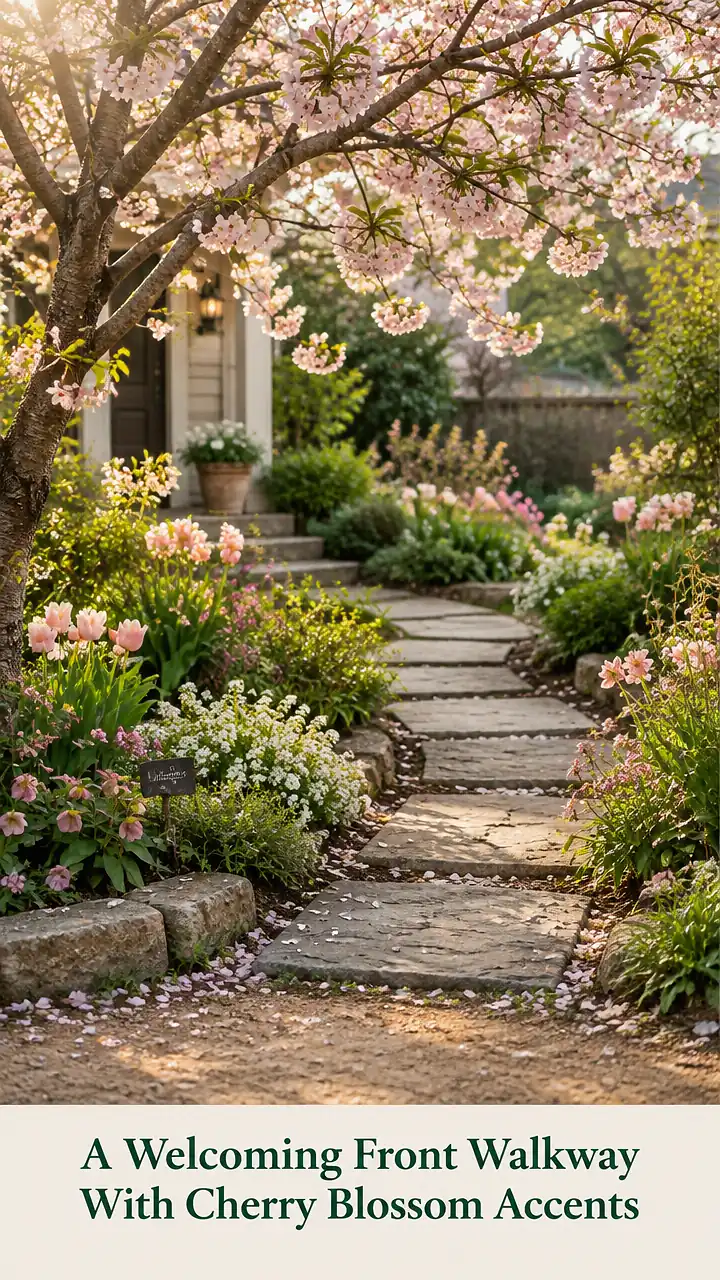 A Welcoming Front Walkway With Cherry Blossom Accents