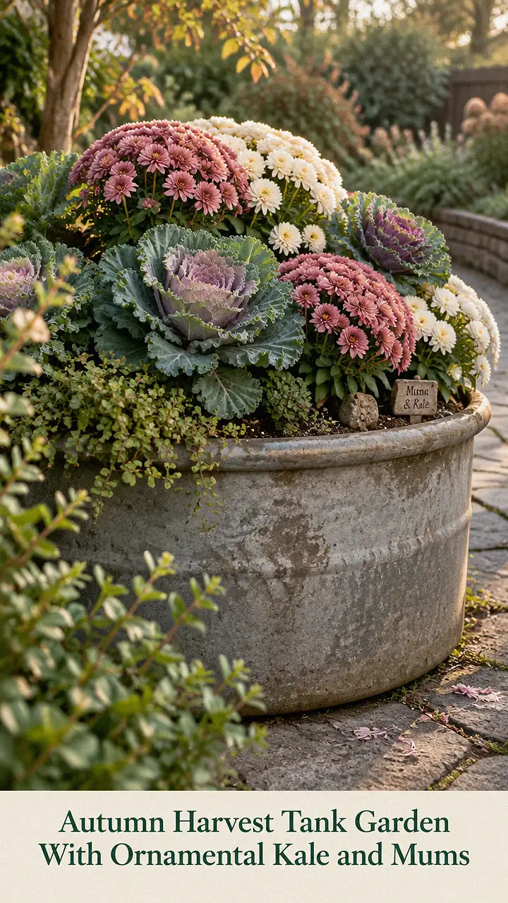 Autumn Harvest Tank Garden With Ornamental Kale and Mums