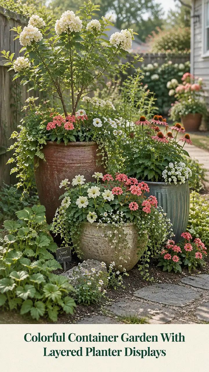 Colorful Container Garden With Layered Planter Displays