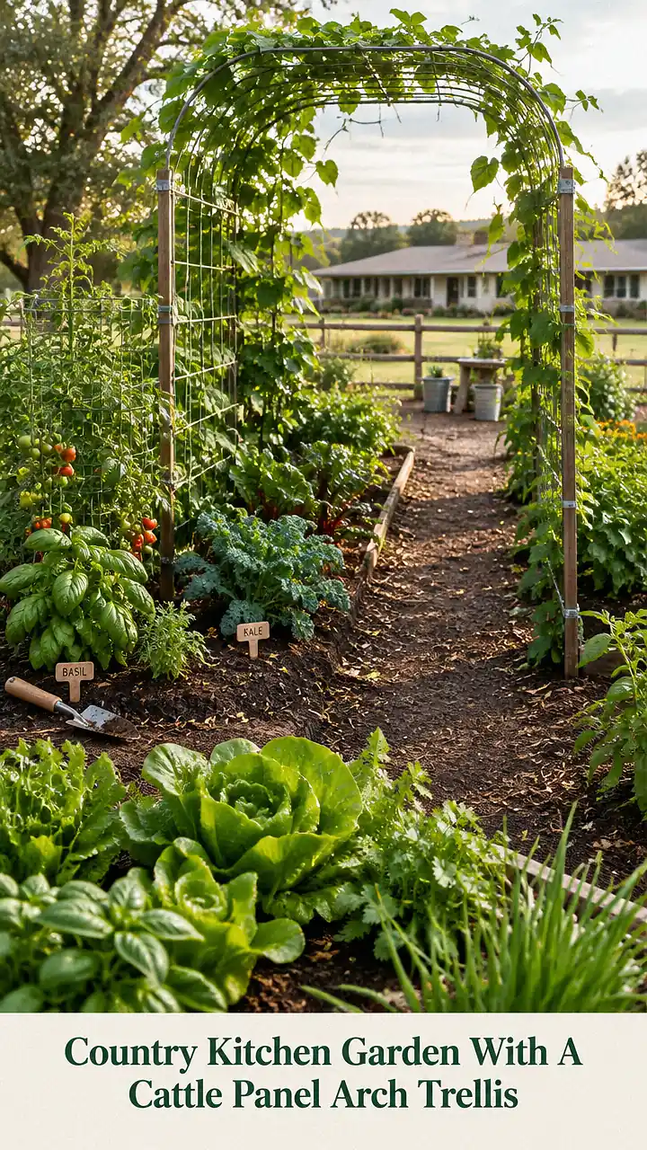 Country Kitchen Garden With A Cattle Panel Arch Trellis